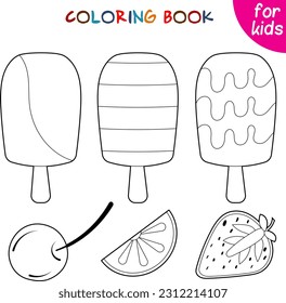 Fruit ice cream on a stick on a white background. Relaxation coloring template. 