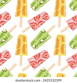 Fruit ice cream on a stick. Orange, kiwi and strawberry. Seamless pattern in vector flat style. Bright, summer juicy background.