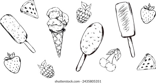 Fruit ice cream popsicle different tasties menu cafe banner chocolate strawberry raspberry waffel watercmelon cherry