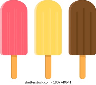Helado de frutas, helado, palas en un palo, objetos rosas, amarillos, marrones, de color aislados en fondo blanco, para imprimir en papel, tela, postales, para la decoración, para el diseño de envases, ilustrado