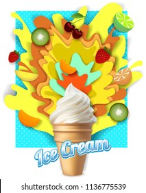 Fruit ice cream poster banner design template. Vector paper cut ice cream cone with fruit juice splashes and fresh starwberry, cherry, sliced kiwi, lime, mango, orange.
