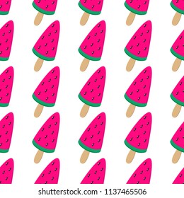 Fruit ice cream seamless pattern, watermelon frozen juice on a stick, red melon with black seeds, white background, modern vivid backdrop, packaging, wallpaper, trendy surface or fabric print, game.