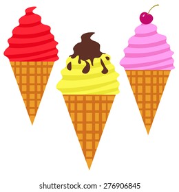 Fruit  ice cream  set. Vector ice-cream cone  with chocolate