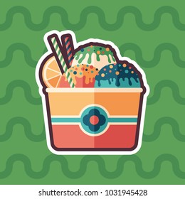 Fruit ice cream sticker flat icon with color background.