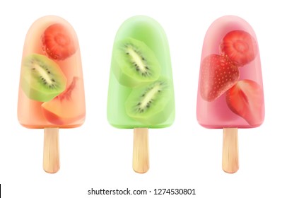 Fresa de helado de frutas, kiwi, melocotón. Icono de vector 3d realista