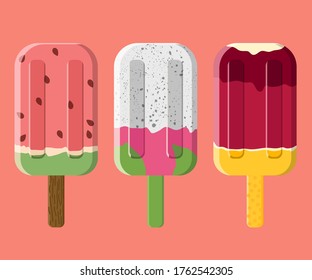 Fruit ice cream. It's summer. Vector illustration. Cool. Ice cream on a stick. Watermelon. Grapefruit. Pitaya. Pitahaya