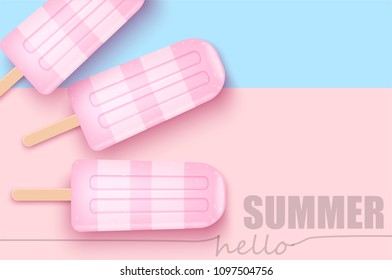Fruit ice cream top view on trendy Pastel color background. Stock vector illustration.
