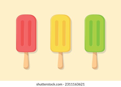 Fruit ice cream vector flat elements collection. Yellow, red and green eskimo on beige background. Best for textile, wallpapers, wrapping paper, package and cafe decoration.