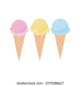 Fruit ice cream Vector icon set in flat design Classic ice cream in waffle cones with different taste