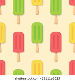 Fruit ice cream vector seamless pattern. Yellow, red and green eskimo on beige background. Best for textile, wallpapers, wrapping paper, package and cafe decoration.