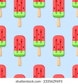 Fruit ice cream vector seamless pattern. Watermelon eskimo on blue background. Best for textile, wallpapers, home decoration, wrapping paper, package and web design.