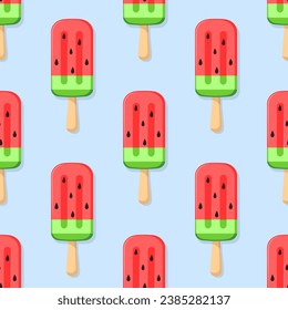 Fruit ice cream vector seamless pattern. Watermelon eskimo on blue background.