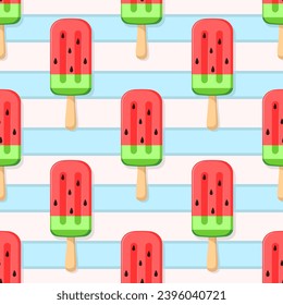 Fruit ice cream vector seamless pattern. Watermelon eskimo on striped background.