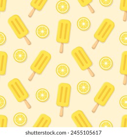 Fruit ice cream vector seamless pattern. Yellow eskimo and slices of lemon on beige background.