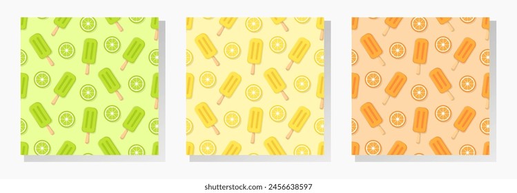 Fruit ice cream vector seamless patterns collection. Set of yellow, green and orange eskimo, slices of lemon, lime and tangerine on pastel background.