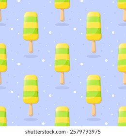 Fruit ice cream vector seamless pattern. Yellow and green popsicles on blue background.