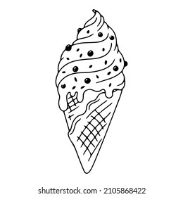 Helado de fruta en una taza de gofre. Diversión en el mar. Accesorios de vacaciones. Ilustración vectorial aislada en un fondo blanco.