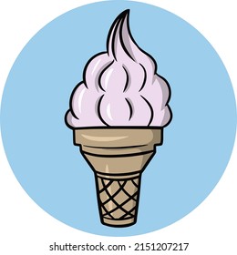 Fruit ice cream in a waffle cup, cone, Sweet cold dessert, cartoon vector illustration on a round blue background