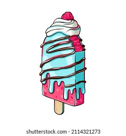 Fruit ice cream with whipped cream, raspberry, chocolate syrup, popsicle drawing