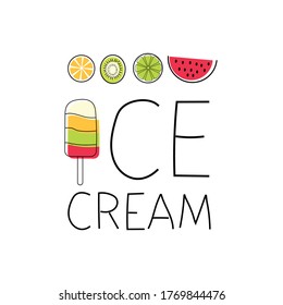 Obsteis. Die Wörter Eiscreme mit verschiedenen Früchten auf weißem Hintergrund. Vektorgrafik