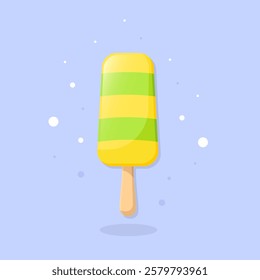 Fruit ice cream. Yellow and green striped popsicles on blue background.