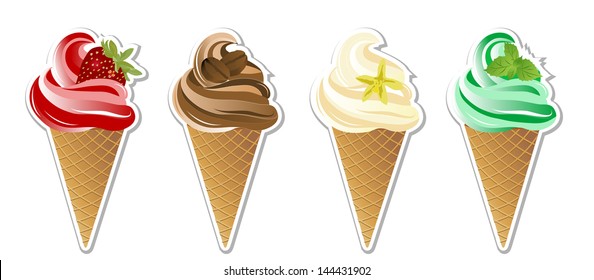 Fruit ice creams in cones - vector illustration