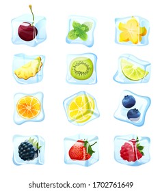 Fruit Ice Cube Set Isolated On White, Frozen Berry For Exotic Summer Cocktail, Vector Illustration. Juicy Fruits In Ice Cubes, Cherry, Lemon, Kiwi And Strawberry. Frozen Mint, Lime, Orange, Raspberry