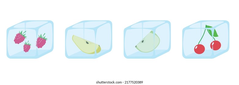 Fruit ice cube set isolated on white, frozen berry for exotic summer cocktail, vector illustration. Juicy fruits in ice cubes, cherry, apple,and strawberry.