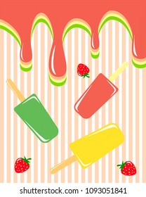 Fruit ice with dripping drops and striped background