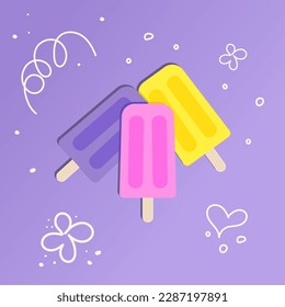 fruit ice, ice-cream yellow, pink, violet colors with one line heart, flowers