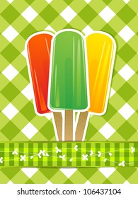 fruit ice lollies on green gingham with ribbon