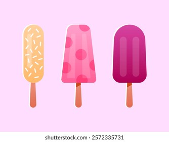 Fruit ice lolly set. Ice cream popsicle sticker collection. Bright summer illustration of frozen sweet dessert.