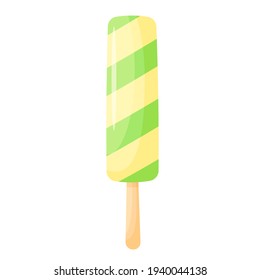 Hielo de fruta en una ilustración vectorial de palo. Helados a rayas al estilo de las caricaturas. Aislado sobre fondo blanco. Verde amarillo helado