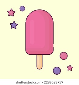 fruit ice, pink ice cream with strawberry flavor with stars and circle sprinkles with dark stroke