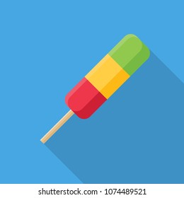 Fruit ice pop, popsicle flat icon with long shadow isolated on blue background. Simple ice cream in flat style, vector illustration.  Can be used in banners, posters, restaurant and pub menu.