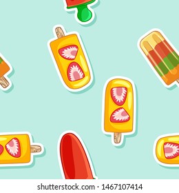 Fruit ice popsicle lollipop ice cream seamless pattern. Cute cartoon style hand drawn background texture