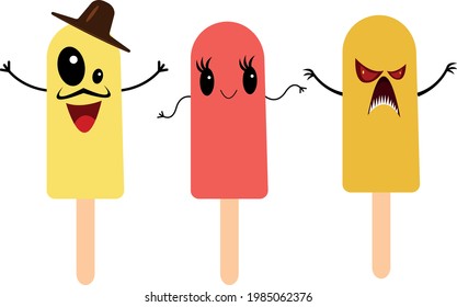 hielo frutal popular postre frío multicolor personajes de dibujos animados aislados de fondo blanco