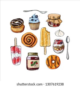 Fruit icecream. Fruit ice. Summer sweets. Color sketch of meal line on white background. Donut, sweets