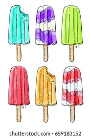 Fruit icecream. Fruit ice. Summer sweets. Color sketch of meal line on white background.