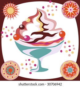 Fruit ice-cream on background of the abstract festive pattern