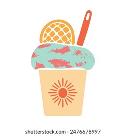 Fruit ice-cream in paper cup vector illustration. Cute colorful mint and strawberry gelato with spoon and wafer cookie on top. Summer Italian dessert with hand drawn texture