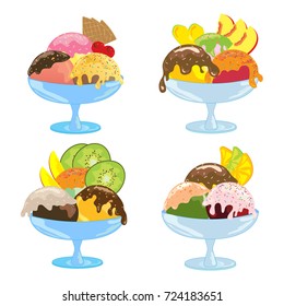 fruit ice-cream sundae set vector