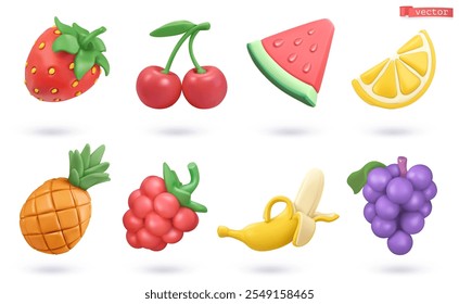 Fruit icon 3d cartoon vector set. Strawberry, cherry, watermelon, lemon, pineapple, raspberry, banana, grapes