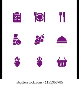 fruit icon. 9 fruit set with grape, vegetarian, orange juice and shopping basket vector icons for web and mobile app