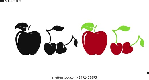 Fruit icon. Apple and cherry with leaves vector. Fresh fruit sign. Natural food vector