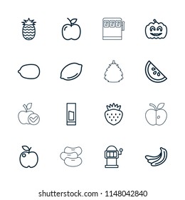 Fruit icon. collection of 16 fruit outline icons such as banana, lemon, lemon, slot machine, apple, strawberry, pumpkin halloween. editable fruit icons for web and mobile.