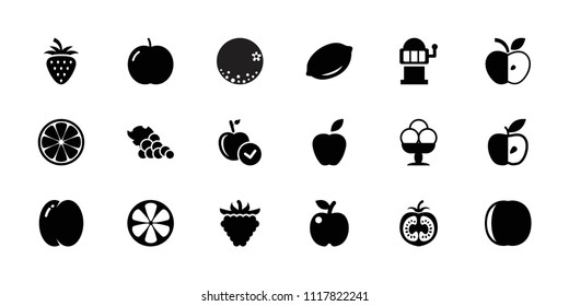 Fruit icon. collection of 18 fruit filled icons such as peach, apple, lemon, slot machine, raspberry, ice cream, orange, grape. editable fruit icons for web and mobile.
