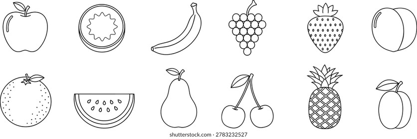 Fruit icon collection in black and white featuring apple banana strawberry pineapple