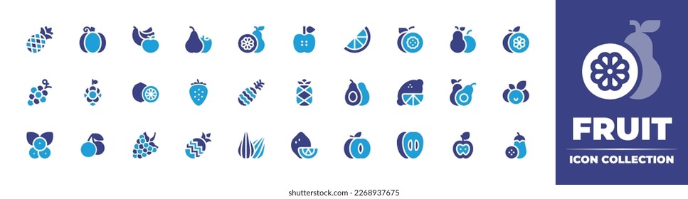Fruit icon collection. Duotone color. Vector illustration. Containing pineapple, pumpkin, fruit, fruits, passion fruit, grapefruit, grapes, grape, lemon, strawberries, avocado, lime, berry, berries.