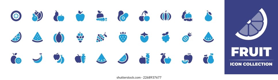 Colección de iconos de fruta. Color de duotona. Ilustración vectorial. Con kiwi, fruta, manzana, aguacate, cereza, calabaza, comida sana, pera, rebanada de limón, sandía, uvas, fresa, persimón.